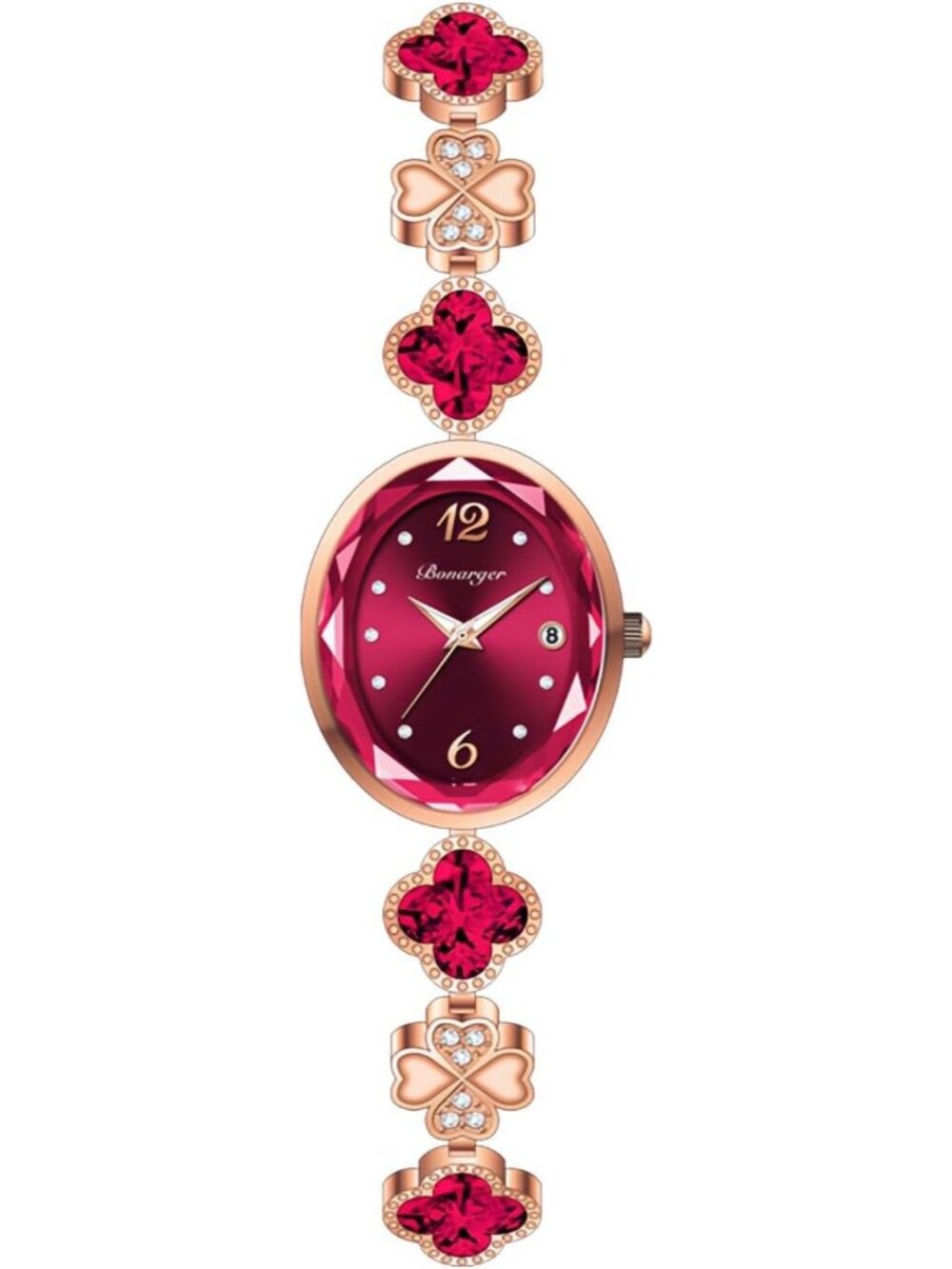 Women's Red Vintage Oval Adjustable Bracelet  Petal-Link Quartz Dress Date Watch